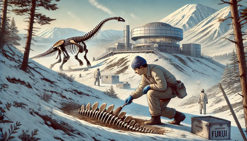 An archaeologist in Fukui uncovers a dinosaur fossil, carefully brushing away dust while snowy mountains and a high-tech research facility stand in the background. Scientists inside analyze data on Japan’s prehistoric discoveries.