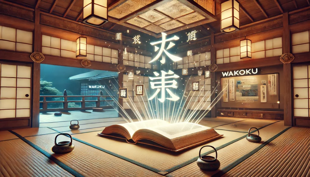 A tranquil Japanese tea garden featuring a floating book with glowing Japanese characters above a tatami mat. Digital screens in the background display posts from Wakoku’s online community, blending tradition with modern technology.