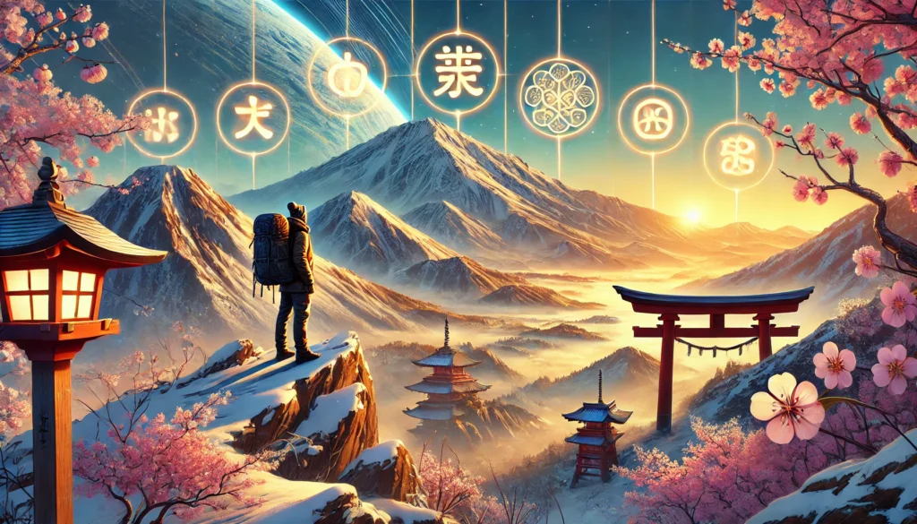 A traveler stands on a Japanese mountain peak, overlooking a landscape that blends snowy mountains, cherry blossoms, bamboo forests, and sunny coastlines. In the sky, glowing Japanese characters label each region, symbolizing Japan’s diverse beauty.