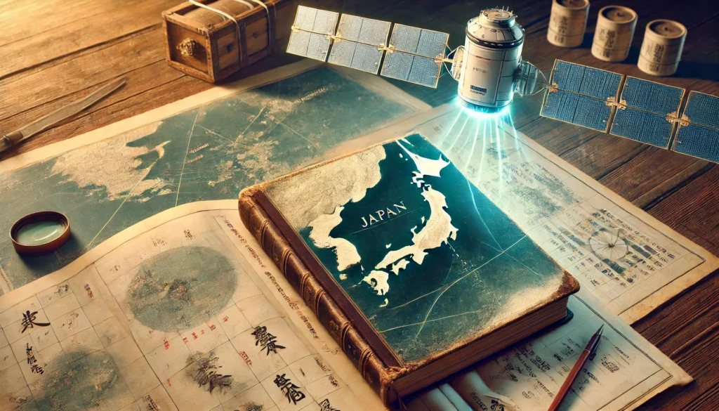 An ancient ship’s logbook featuring a hand-drawn map of Japan’s islands, while a modern satellite hovers above, scanning and uncovering new islands. A blend of traditional exploration and futuristic technology showcasing Japan’s evolving island count.