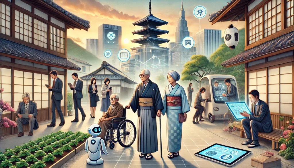 A digital illustration representing Japan’s demographic structure: an elderly man assisted by a high-tech care robot on one side, and young professionals surrounded by AI screens on the other. A traditional Japanese garden and a futuristic city skyline blend in the background, symbolizing Japan’s balance between tradition and technology.