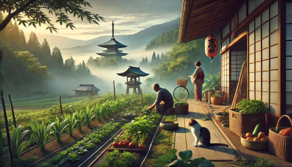 A peaceful early morning in the Japanese countryside: an elderly farmer picking fresh vegetables in his garden while a cat rests lazily on the wooden veranda. In the background, mist floats over a lush green hill with a small Shinto shrine nestled among the trees.