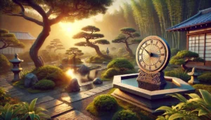 Japanese garden with a sundial and water clock for telling time in Japanese.