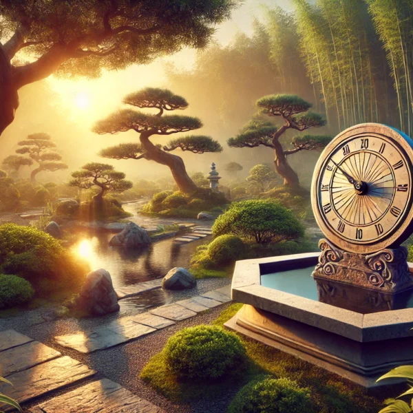 Japanese garden with a sundial and water clock for telling time in Japanese.