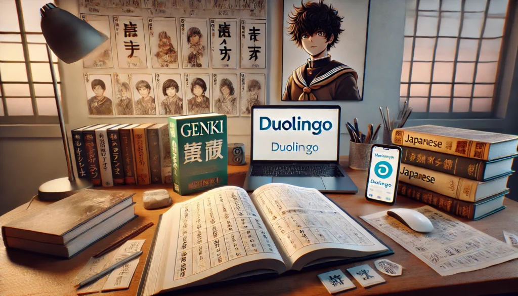 A well-organized Japanese study space featuring an open Genki textbook, a laptop with WaniKani, and a phone displaying Duolingo. Kanji flashcards are pinned to the wall, and an anime with Japanese subtitles plays in the background, creating an immersive language learning environment.