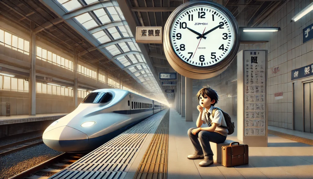 A modern digital Japanese train station clock with a worried schoolboy checking the time, as high-speed trains blur past. A visual representation of punctuality, efficiency, and telling time in Japanese culture.