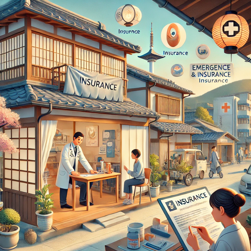 An illustration representing healthcare and insurance in Kyoto, showcasing a welcoming medical environment with modern clinics and hospitals. 