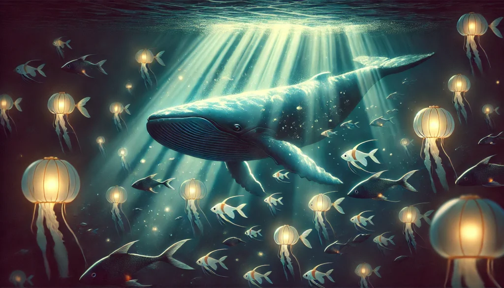 A breathtaking underwater illustration of a sperm whale gliding through the ocean depths, accompanied by a school of glowing lanternfish. Sunlight pierces through the dark water, enhancing the ethereal and tranquil ambiance.