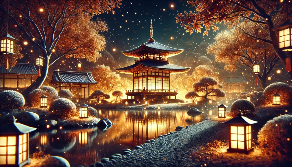 A breathtaking Kyoto illumination scene featuring a glowing temple, lantern-lit pathway, and a peaceful Japanese garden reflecting warm lights on a serene pond.