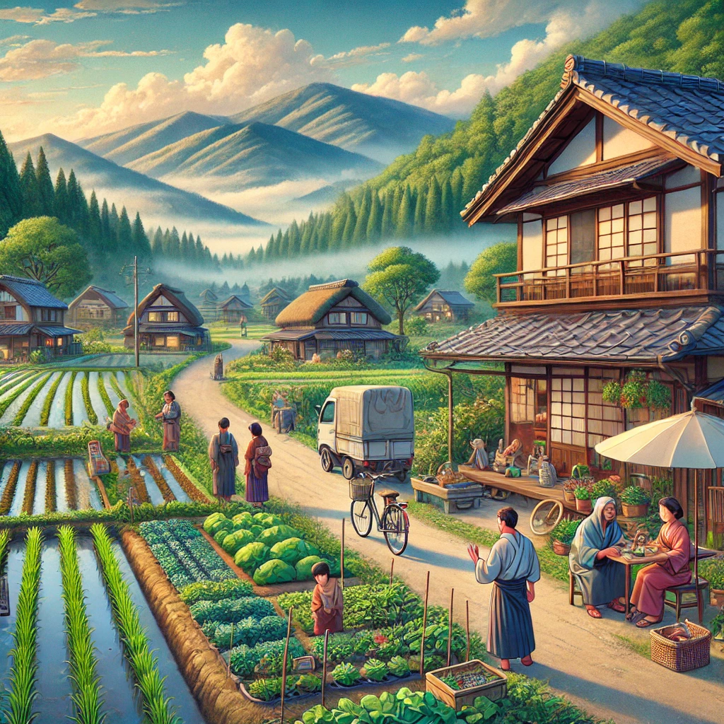 The inviting scene of rural Japan, capturing the beauty of village life, close-knit communities, and the serene countryside.