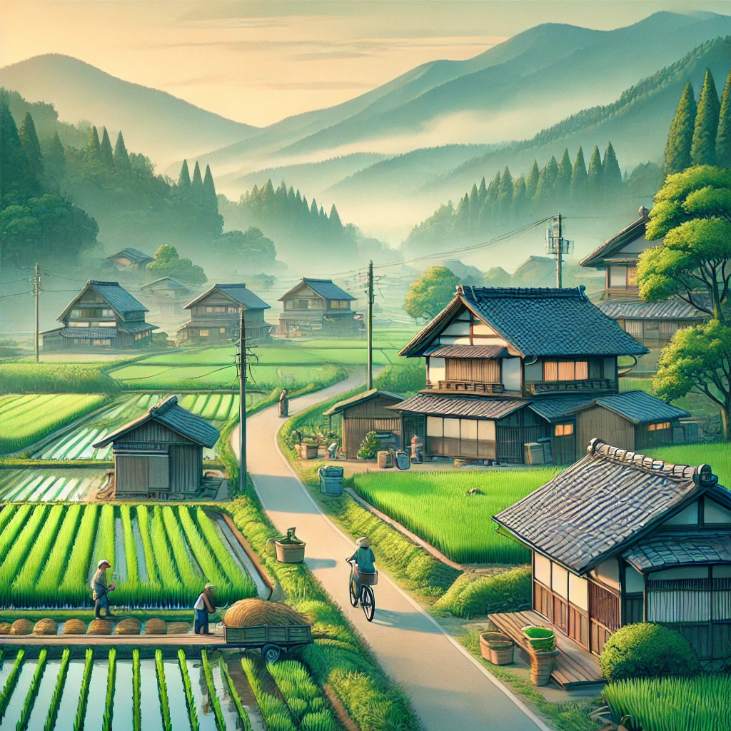 The serene countryside village in Japan, featuring lush rice fields, traditional wooden houses, misty mountains, a farmer tending to crops, and a lone traveler cycling through the peaceful landscape.