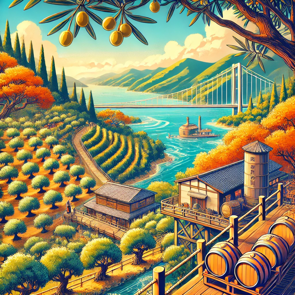 An illustration of Shodoshima, capturing its olive groves, coastal scenery, and traditional charm in a vibrant, picturesque style. 