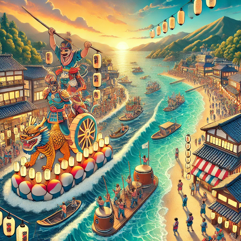 The vibrant summer scene of Tohoku, Japan, featuring its spectacular festivals and breathtaking coastal spots.