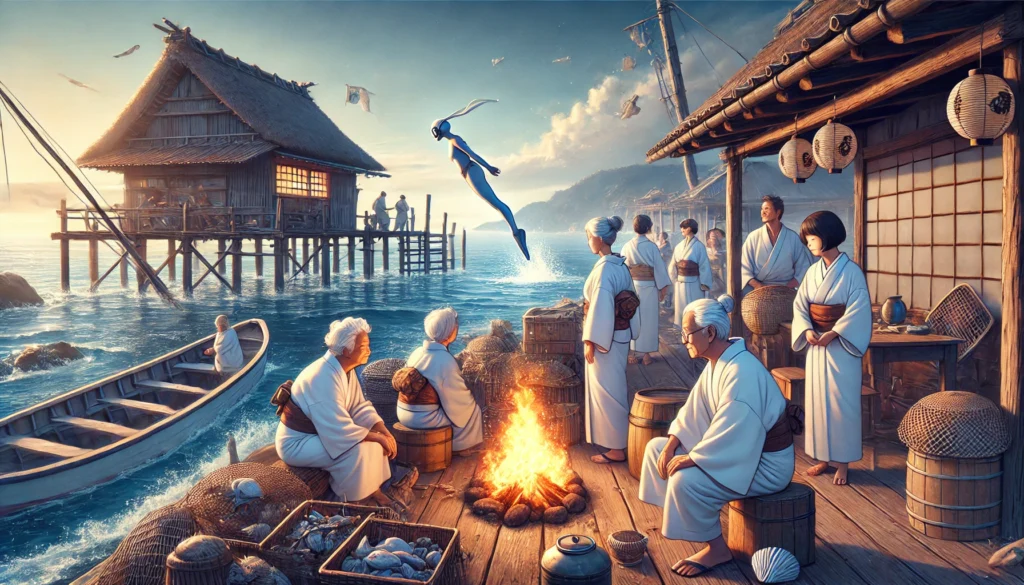 A stunning coastal illustration of Japan’s Ama divers, featuring elderly women in traditional white attire near seaside huts, warming by a fire. In the background, one diver gracefully descends into the ocean, continuing a centuries-old free-diving tradition.