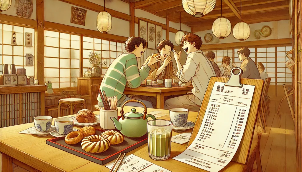 A lively Tokyo café where friends share laughter while calculating their bill. A handwritten receipt, cups of matcha, and traditional pastries highlight the everyday use of basic Japanese math in social settings.