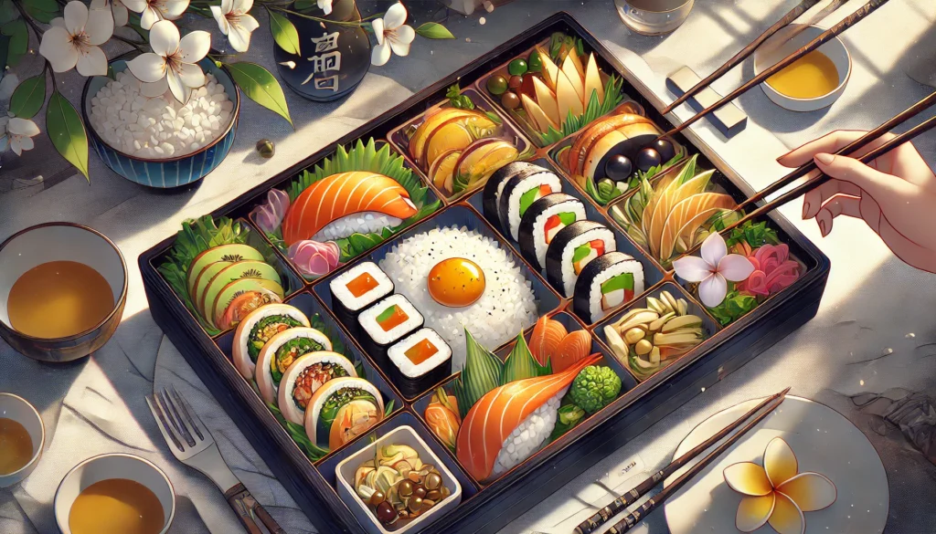 A detailed illustration of a Japanese bento box filled with sushi rolls, tamagoyaki, pickled plum rice, and fresh vegetables. The meal is carefully arranged on a wooden table with chopsticks and a cup of green tea, reflecting Japan’s rich culinary traditions.