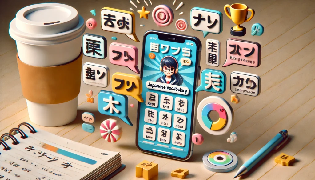 A smartphone screen displaying a Japanese vocabulary app with kanji, hiragana, and example sentences, illustrating the best apps to practice Japanese vocabulary daily.