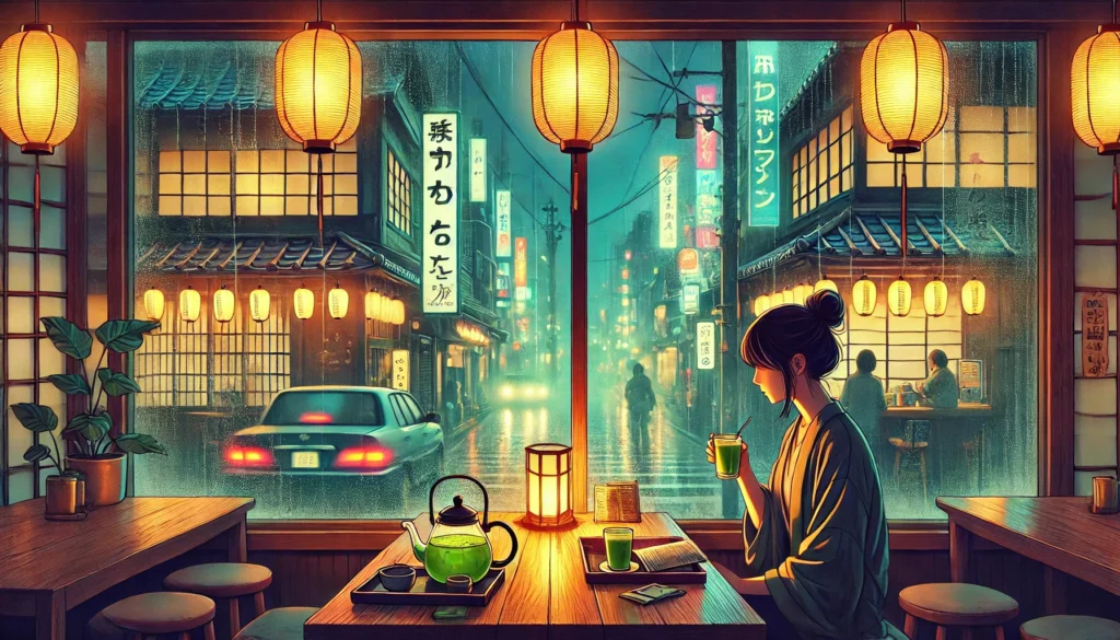 A beautifully illustrated scene of a cozy Japanese café on a rainy evening. Warm lantern light reflects off wooden tables as a traveler enjoys matcha and reads a Japan travel guide. Misty windows reveal softly glowing neon signs, enhancing the tranquil Tokyo night ambiance.