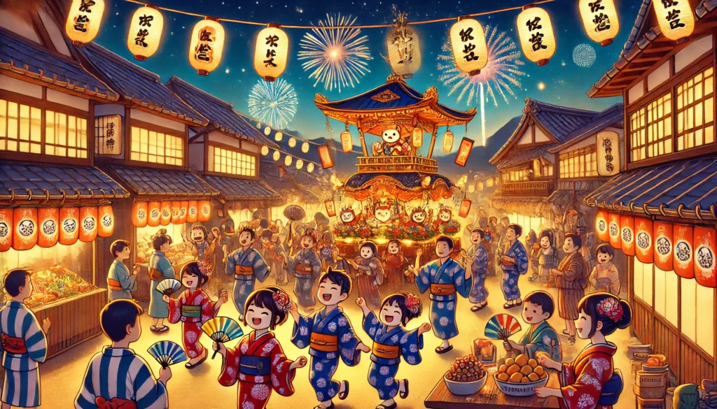 A vibrant festival scene in rural Japan with paper lanterns, yukata dancers, a mikoshi shrine, and fireworks, illustrating the best Japanese festivals in rural Japan.