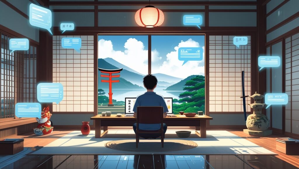 A modern Japanese-style study room with a focused learner, digital holograms of kanji, and a floating language interface, illustrating the best online courses for learning Japanese for advanced learners.