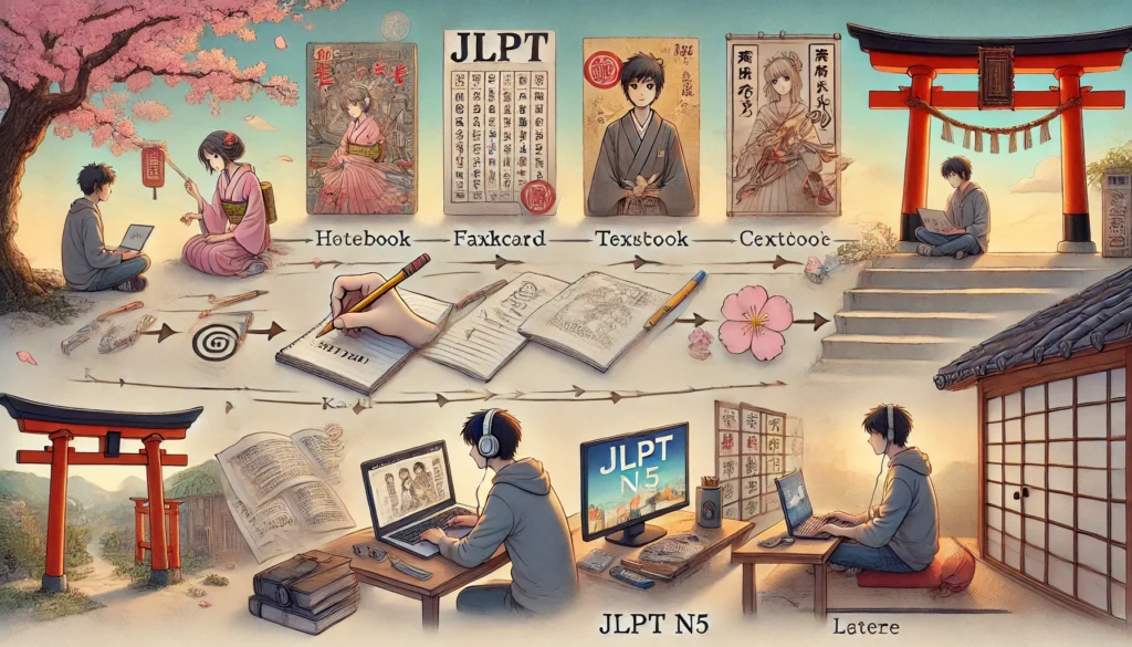 A detailed timeline illustrating the best way to study Japanese on your own, showing a learner’s progress from writing Hiragana to watching anime without subtitles. Each stage is represented with study tools and cultural icons.