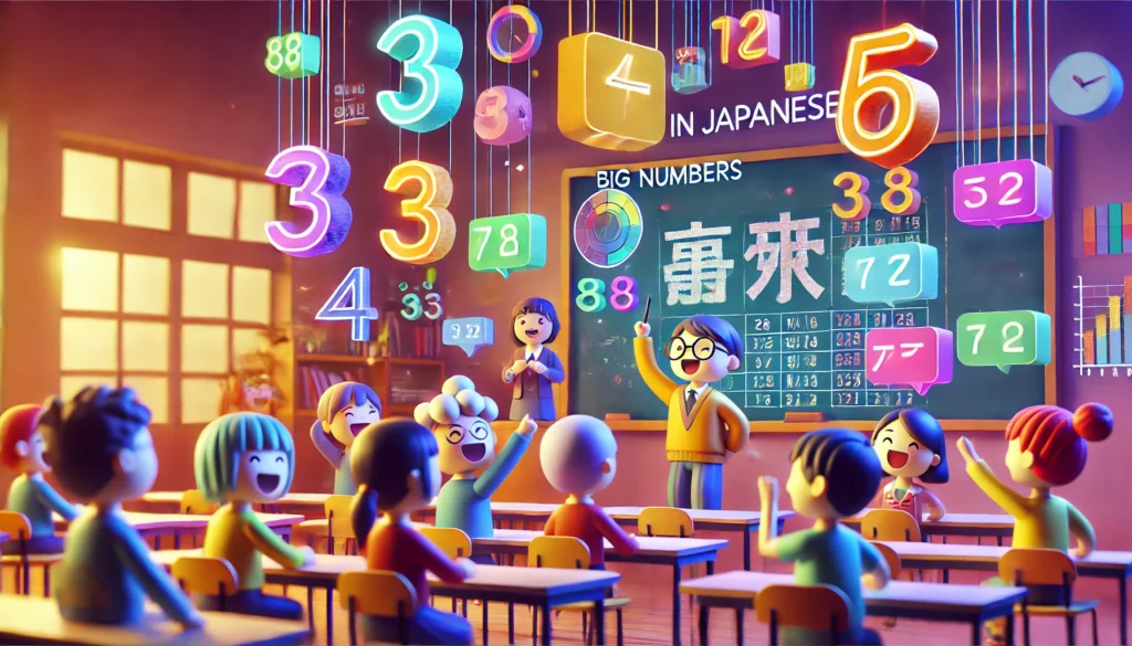 A visually engaging scene illustrating big numbers in Japanese. A blackboard displays large numbers in kanji with romaji readings, while excited cartoon students and a teacher react. Floating number bubbles with a neon glow emphasize key Japanese numerical units like 万, 億, and 兆.