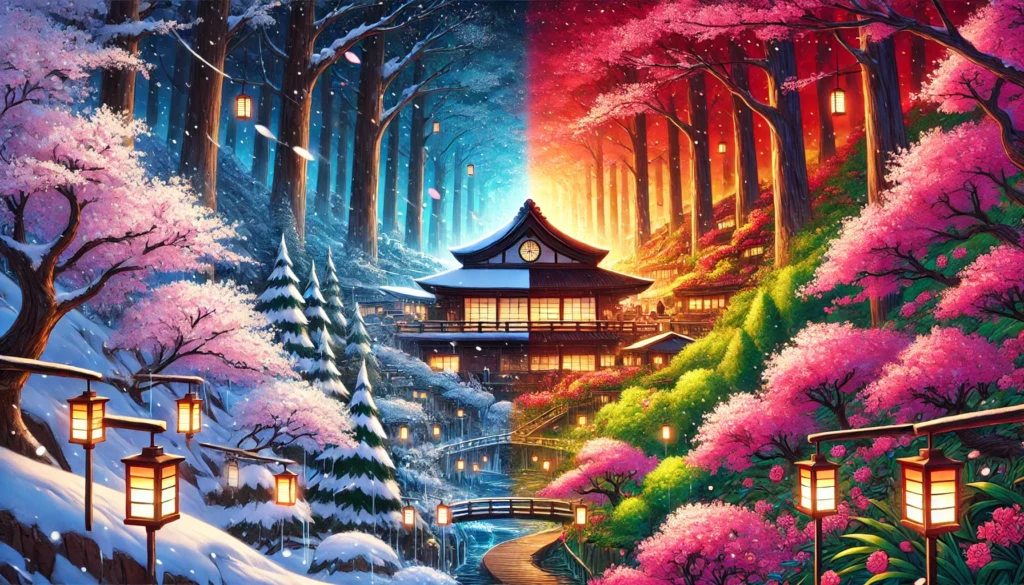 A mesmerizing illustration of Japan’s four seasons blending into one landscape—winter with snowy villages, spring with pink cherry blossoms, summer with lush greenery, and autumn with golden-red maple leaves. A perfect visual representation of Japan’s diverse climate and seasonal beauty.