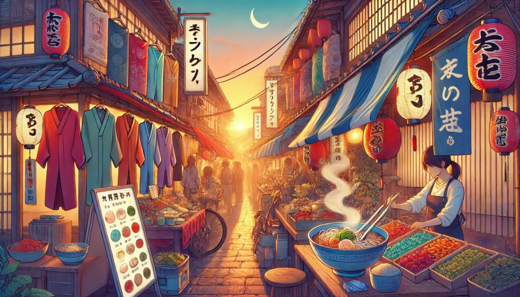 A lively Japanese street market at sunset, showcasing colorful stalls and food vendors. A vendor serves steaming ramen, while another offers matcha sweets. Neon signs and warm sunset light create a rich and immersive atmosphere.