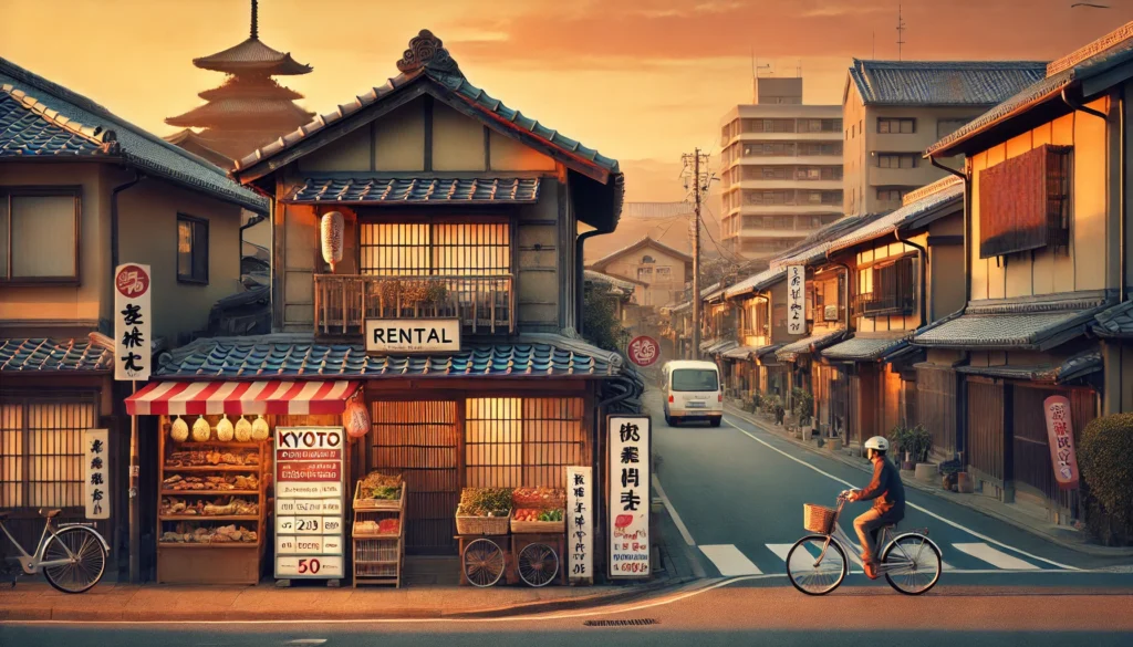 A peaceful Kyoto street at sunset featuring a machiya house with a rental sign, a local market, and budget-friendly apartments, illustrating the cost of living in Kyoto.