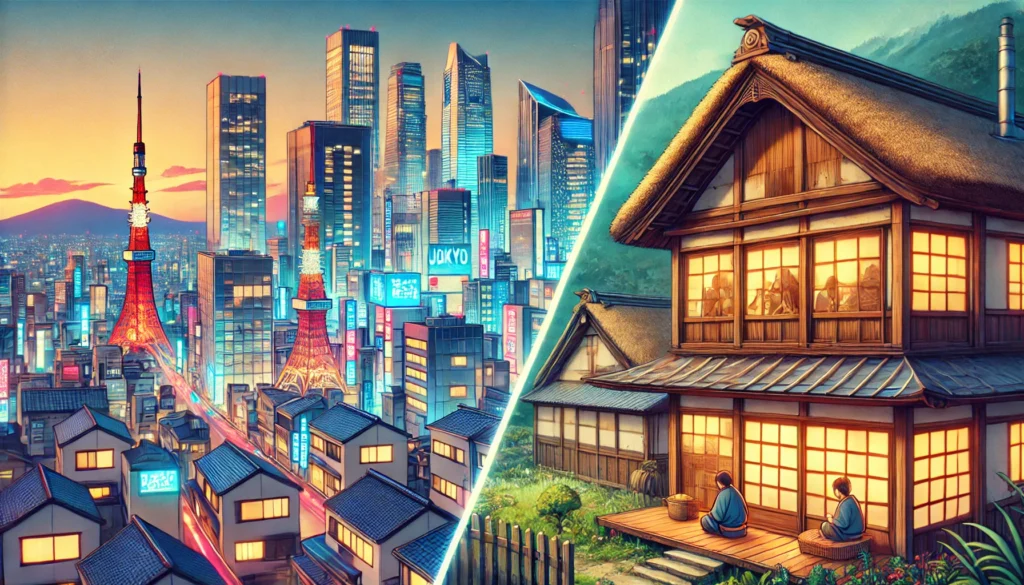 A split-screen illustration comparing the cost of living in Japan. Tokyo’s vibrant skyline with high-rise apartments contrasts with a serene countryside village in Shikoku featuring traditional wooden houses, highlighting the difference between urban and rural lifestyles.