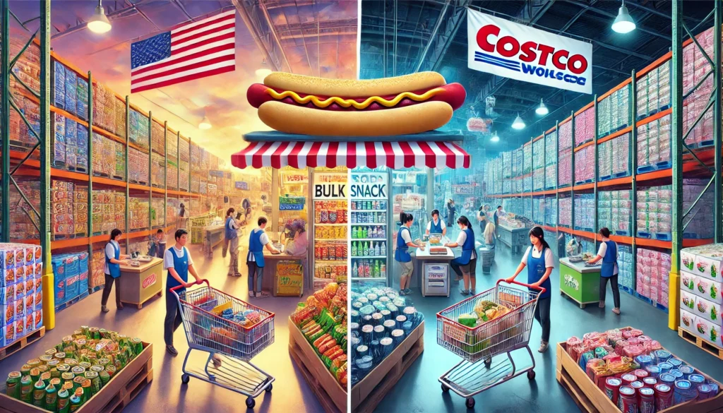 A side-by-side illustration of Costco in Japan and America, contrasting their shopping styles. The American Costco has large carts, bulk snacks, and a hot dog stand, while the Japanese Costco offers fresh seafood, compact carts, and matcha-flavored treats.