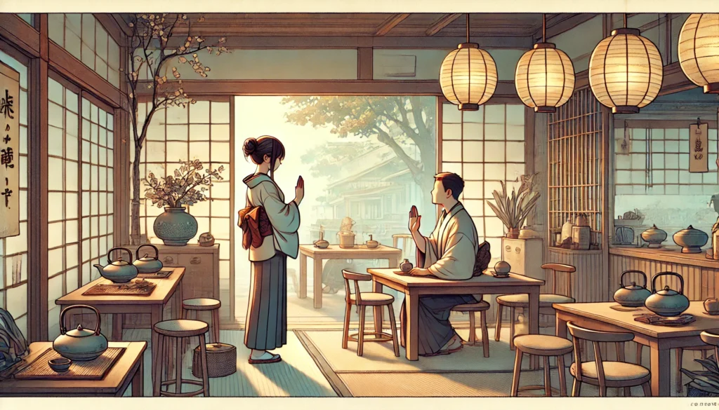 A quiet Japanese café where two people converse, one bowing in gratitude while the other waves their hands modestly—illustrating cultural nuances to understand when learning Japanese.