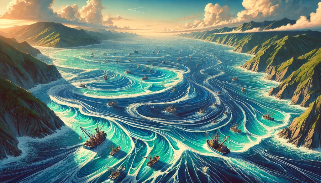 A mesmerizing aerial view of Japan’s coastline, showcasing the swirling collision of the warm Kuroshio and cold Oyashio currents. Fishing boats navigate the vibrant, nutrient-rich waters, creating a stunning visual contrast in the deep blue ocean.