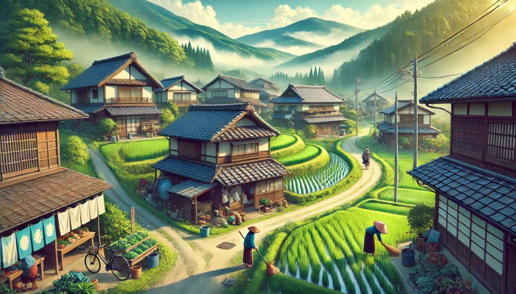 A serene countryside village in Japan with rice fields, traditional wooden houses, and misty mountains, illustrating daily life in rural Japan and what to expect.