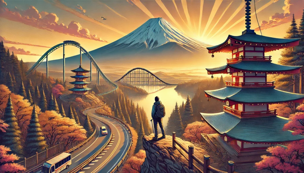 A stunning sunrise view of Mount Fuji with a hiker at a scenic viewpoint, a winding road, a pagoda, a lake, and Fuji-Q Highland, illustrating a day trip to Mount Fuji.