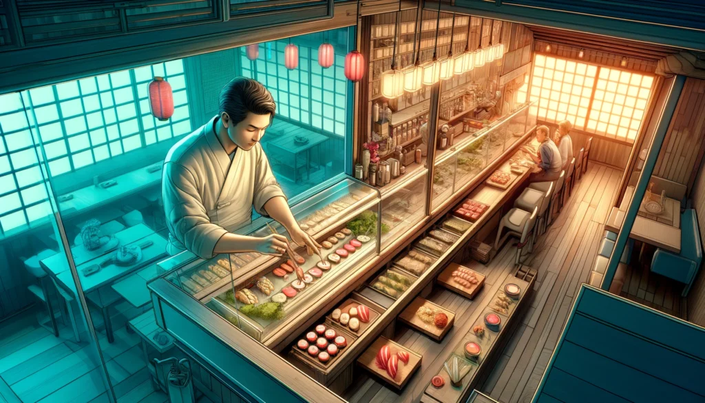 A historical Edo-period sushi kitchen where a chef handcrafts nigiri, mirrored above by a futuristic sushi bar with neon lights, where customers enjoy innovative fusion rolls. A visual representation of sushi’s evolution from tradition to modern culinary art.