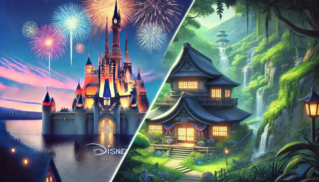 A visually striking side-by-side illustration comparing Disney and Ghibli movies. The Disney side features a magical castle with fireworks, while the Ghibli side presents a serene countryside home surrounded by lush nature, capturing the essence of both storytelling worlds.