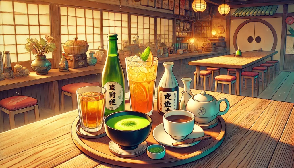 A detailed illustration of a Japanese café table with various drinks: a steaming matcha tea bowl with a whisk, a ceramic cup of black coffee, a glass of iced orange juice, and a sake bottle with a small cup. The cozy wooden setting and soft natural lighting enhance the inviting atmosphere.