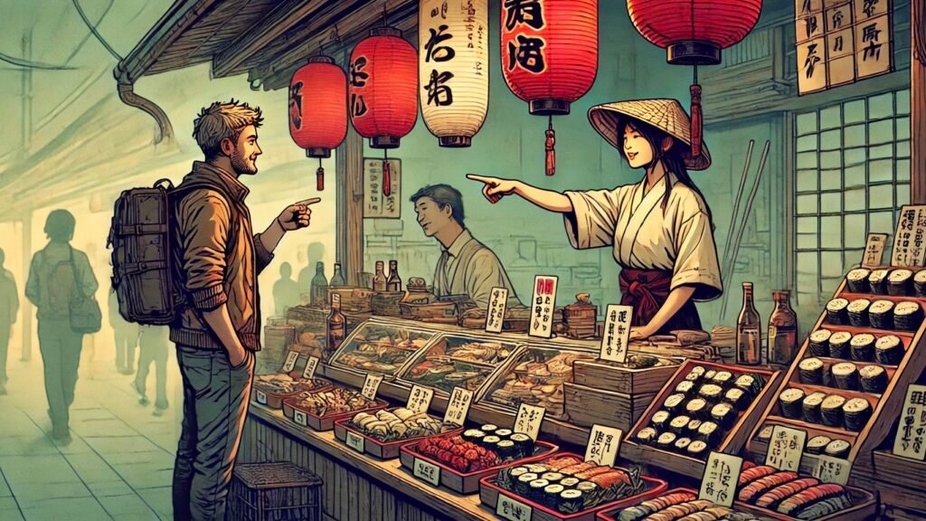 A foreign traveler in a vibrant Japanese market uses essential Japanese phrases to order sushi, pointing at a stall while the vendor nods warmly. Red lanterns hang above, highlighting an array of traditional Japanese dishes.