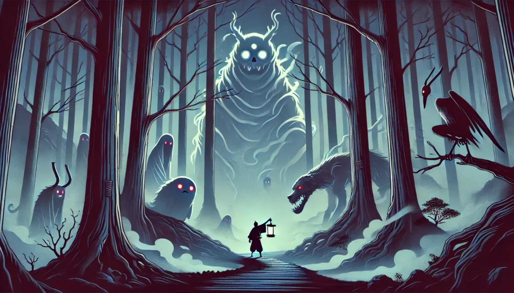 A misty Japanese forest at night, where a traveler with a lantern senses unseen yokai, including a looming Gashadokuro and a shadowy Onikuma, illustrating famous Japanese folklore and legends by region.