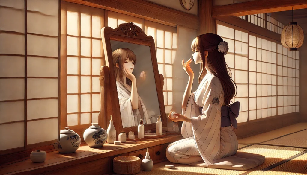 A woman in a traditional yukata sits by a wooden-framed mirror in a Japanese ryokan, gently applying skincare with porcelain bottles. Shoji screens cast warm natural light, capturing the essence of Japanese beauty standards and self-care.