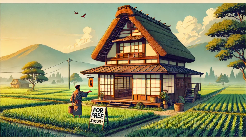 A traditional Japanese countryside home with a ‘For Free’ sign, surrounded by rice fields and misty mountains, illustrating free housing in Japan.