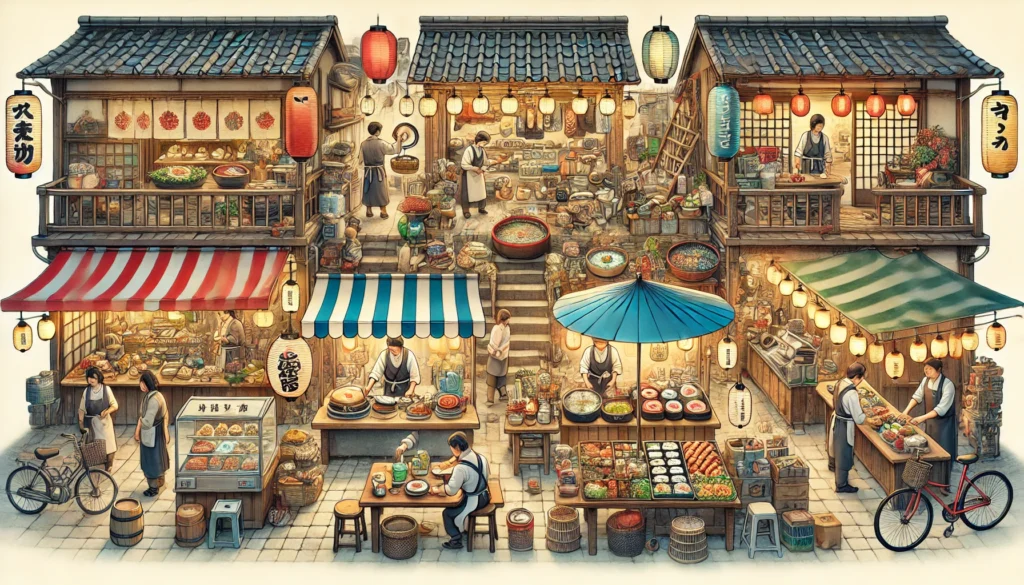 A lively Japanese street market where each stall illustrates a common verb, creating a fun guide to learning Japanese.