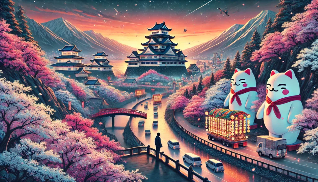 A breathtaking panoramic view of Tohoku’s landscapes: cherry blossoms at Hirosaki Castle, Zao snow monsters, Aomori’s Nebuta Festival, and the autumn foliage of Geibikei Gorge, illustrating a guide to the Tohoku region, Japan’s hidden north.