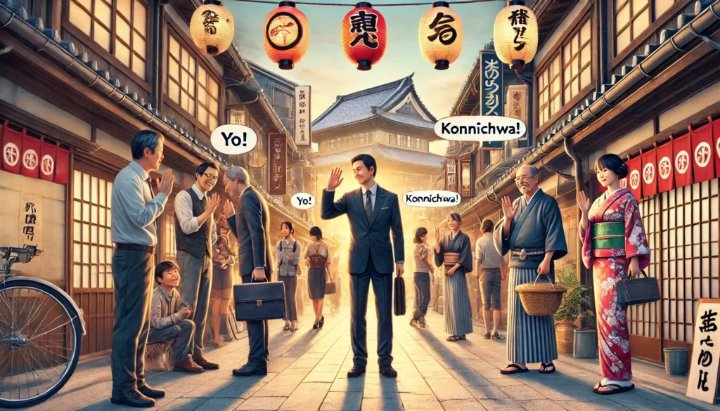 A vibrant Japanese street scene where people of all ages greet each other using different Japanese phrases, including polite bows, casual waves, and energetic martial arts greetings.