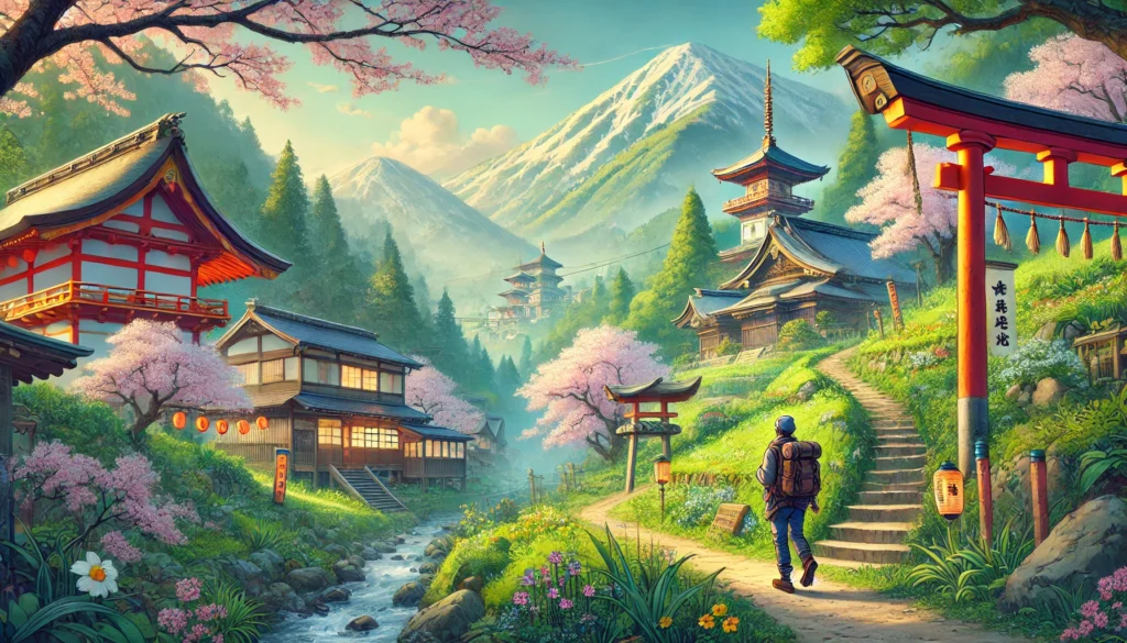 A breathtaking illustration of rural Japan, depicting a traveler walking through a serene countryside path with cherry blossoms, a hidden shrine in the distance, and a traditional village nestled in lush green mountains. A peaceful and immersive travel scene.