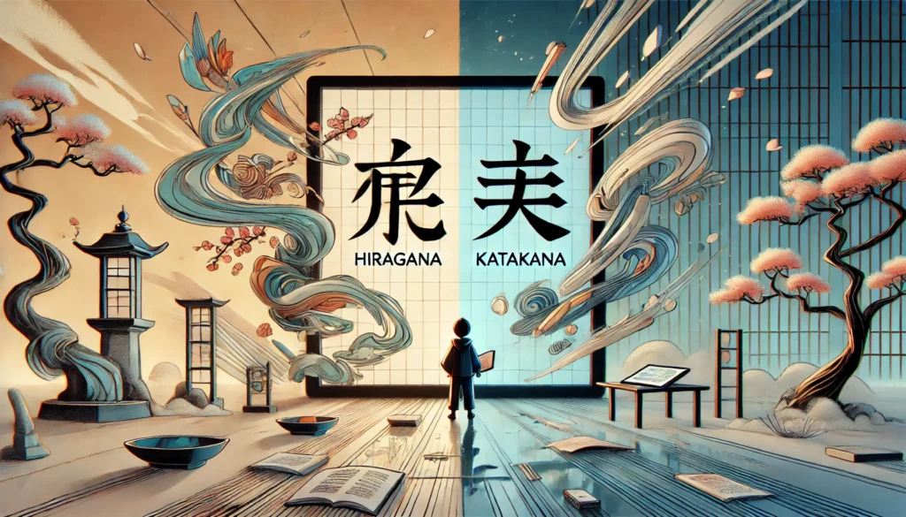 A split-screen design showcasing Hiragana vs Katakana: What’s the Difference? Soft, flowing Hiragana characters contrast with sharp, digital Katakana symbols as a learner explores both scripts.