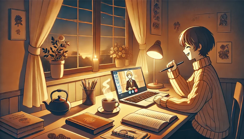 A softly lit study space with a laptop showing an online language lesson. A student smiles while taking notes, with a cup of tea nearby. The scene captures the essence of an Italki tutoring session in a relaxed and comfortable setting.