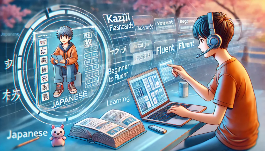 A vibrant digital illustration of a student learning Japanese online, using kanji flashcards on a laptop, guided by an anime character on screen, with a futuristic holographic timeline showing progress from beginner to fluent.