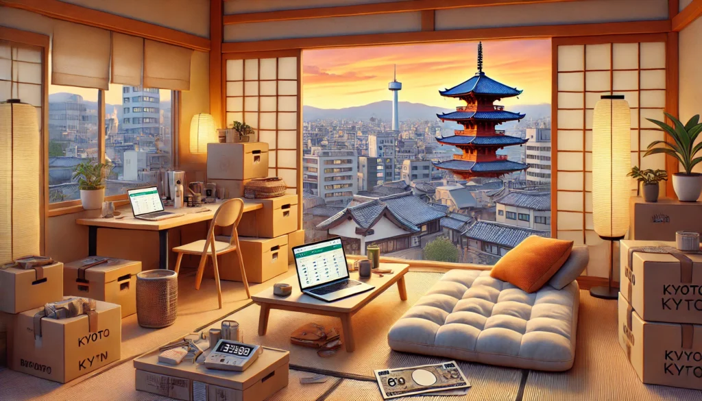 A modern Japanese apartment with moving boxes, a futon, and a budget tracker on a laptop displaying Japanese yen, illustrating how much money to move to Japan.